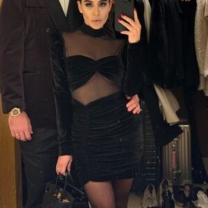 PATBO sexy and elegant velvet & mesh Black Panel Dress